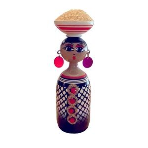 Vintage Hand Painted Wood Peg Woman Holding Rice Bowl On Head 6 1/2 inches tall